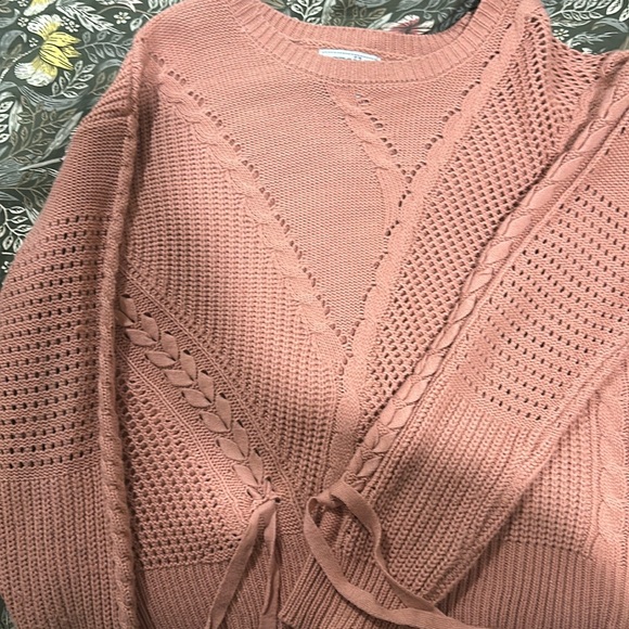 Coral crew neck sweater with ties on arm and waist - Picture 1 of 2